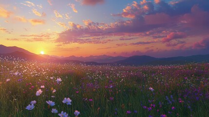 Naklejka premium Vibrant Sunset Over Peaceful Meadow