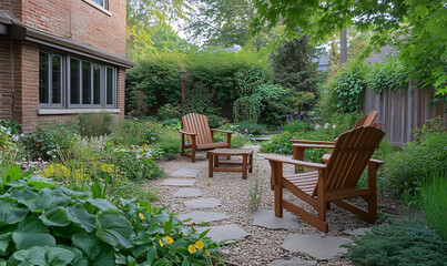 Obraz premium Delightful charming garden patio featuring elegant wooden furniture and serene, sunlit outdoor retreat vibes perfectly