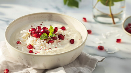Creamy coconut yogurt bowl with pomegranate seeds and mint