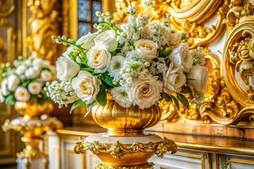 Obraz premium Luxurious 4K still life: elegant white gold Baroque floral arrangement, capturing opulent detail.