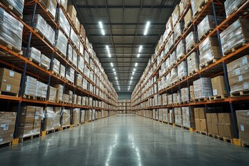 Vast Warehouse Interior with Neatly Stacked Boxes and Pallet Racks