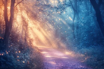 a mystical forest path bathed in ethereal morning light, golden rays piercing through fog, creating dreamlike bokeh effects with soft blue and purple undertones