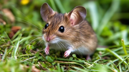 Cute Small Mouse on Green Grass in Natural Outdoor Habitat