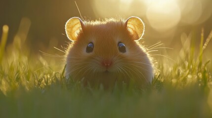 Cute Hamster Sitting on Grass in Soft Sunlight at Golden Hour