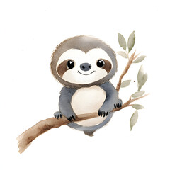 Watercolor illustration of a sloth on a white bakground