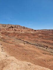 Wonderful landscape of desert. Arid climate. Blue sky. 
