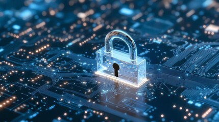 A glowing transparent padlock on a circuit board, symbolizing cybersecurity and data protection. Perfect for digital safety and tech-themed projects