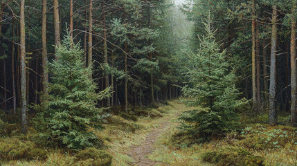 Fototapeta premium A dense pine forest with young, green spruce trees and thick foliage in the foreground, generative AI