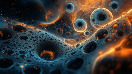 Abstract Cosmic Landscape of Interconnected Bubbles and Celestial Bodies in Vibrant Orange and Teal Hues
