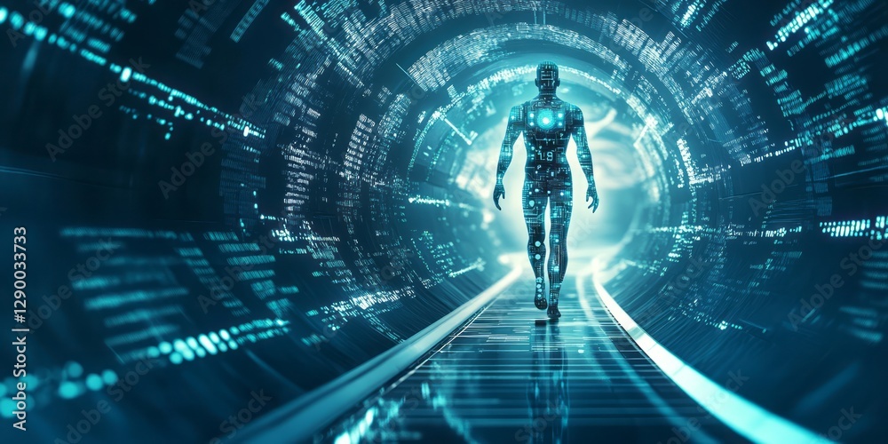 Wall mural digital humanoid walks through a technological tunnel of binary code