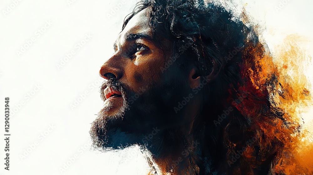 Poster digital painting of jesus christ in profile on a white background 3d rendering