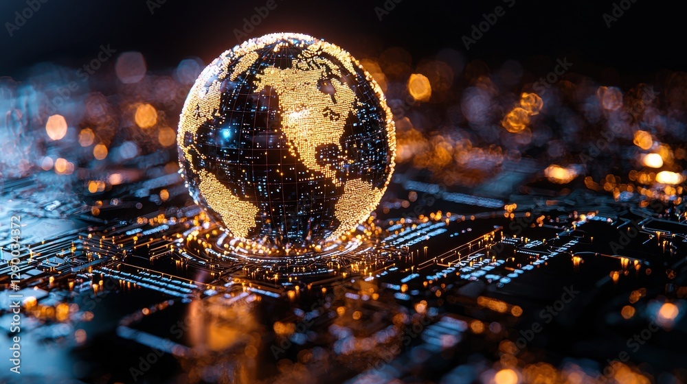 Poster luminous digital globe surrounded by a complex circuit board pattern symbolizing the interconnected 