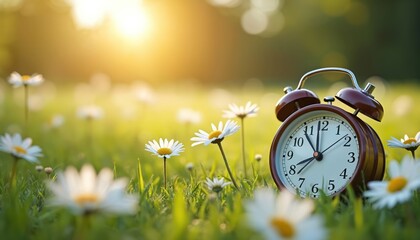 Alarm clock stands in field with daisies, illuminated by sun. Time change concept for spring or summer. Spring forward, daylight savings time reminder, schedule concept, positive mood and joy.