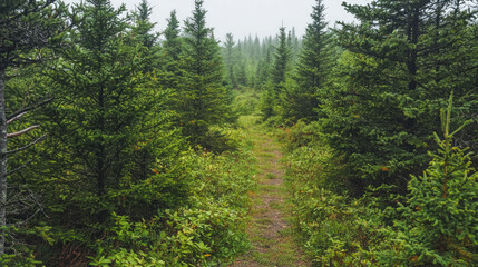 Obraz premium A dense pine forest with young, green spruce trees and thick foliage in the foreground, generative AI