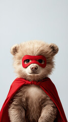 Fluffy bear cub dressed as superhero with red cape and mask
