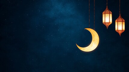Naklejka premium Night Sky with Hanging Lanterns and Crescent Moon in Deep Blue Background