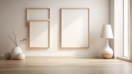 Three blank white frames with light wooden borders leaning against a white wall on a wooden parquet floor.