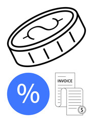 Coin with dollar symbol, percentage sign, and detailed invoice depict finance, interest rates, accounting, payment processing and debt management. Ideal for finance, banking, economics business