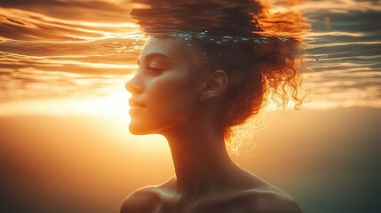 double exposure of a woman s profile silhouette and underwater landscape on a white background