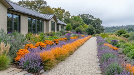 Obraz premium Modern home with colorful garden pathway