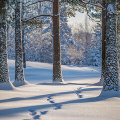 Snow-covered forest, animal footprints, majestic trees, pristine white cloak, winter scene 