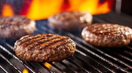 Grilling Fresh Beef Burgers Over Open Flame on a Summer Evening