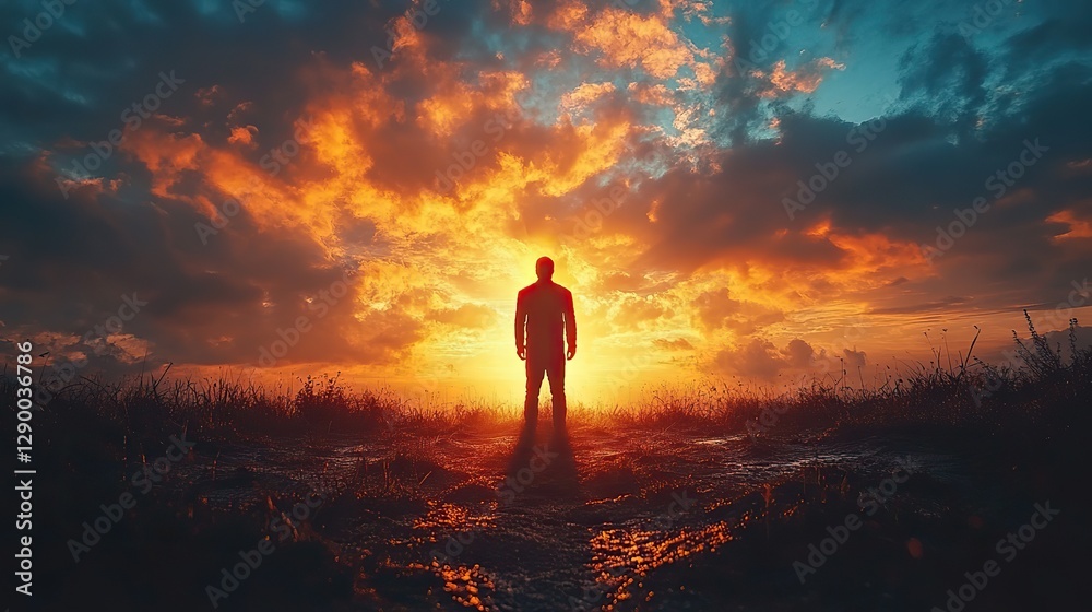 Aufkleber double exposure of man in worship and cross silhouette against sky background with clouds and light