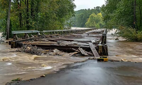Destruction of Low Water Bridge on the New River in Fries, VA by Hurricane Helene&rsquo;s Raging Floodwaters