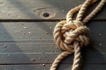 Obraz premium A tightly bound nautical rope knot rests on a weathered wooden surface, bathed in soft sunlight, showcasing intricate details of the fiber and texture