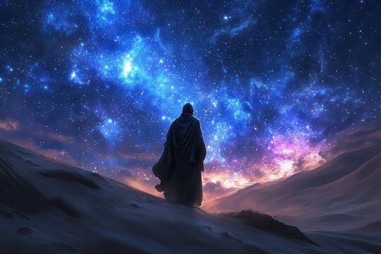 abraham standing on a windswept desert dune, gazing at a star-strewn indigo sky, flowing robes billowing, warm torchlight flickering, solemn faith, epic spiritual depth.