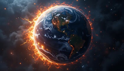 Burning Planet: A fiery depiction of Earth engulfed in flames, symbolizing climate change and environmental disaster. A chilling cosmic view.