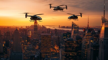 Electric air taxis flying over a vast urban city at dusk. Featuring futuristic mobility and urban landscapes
