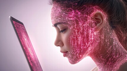 Woman with Pink Digital Particles Overlaying Face Viewing Tablet