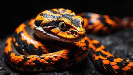 Fototapeta premium Close-up image of a snake with a dark, textured body featuring glowing orange patterns resembling lava.