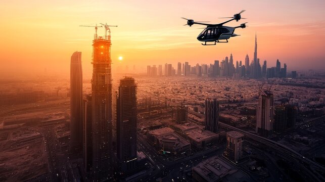 Electric air taxis flying over a vibrant city at sunset. Featuring clean energy solutions and advanced transport