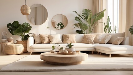 A cozy living room with neutral tones features a beige sofa adorned with textured and patterned throw pillows