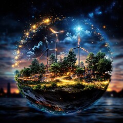 Enchanting floating island with wind turbines under a starry night sky reflecting in the calm waters below  A surreal fantastical landscape with a magical dreamlike atmosphere
