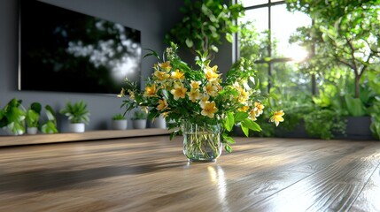 Elegant bouquet of yellow flowers and lush green foliage in a glass vase artfully arranged on a wooden table by a sunlit window in a cozy and inviting home interior