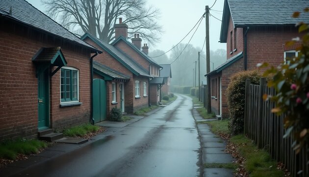 Serene countryside street with a narrow village road, wet from rain, misty atmosphere