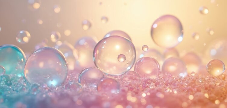 Soap bubbles with rainbow gradient reflections on light pink background. Abstract dreamy banner. Cleaning, hygiene concept for eco-friendly article cleaning service. Cosmetic product demo shot for