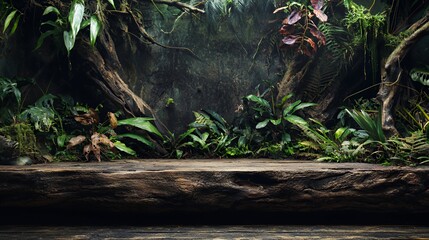 Obraz premium Dark Lush Jungle Setting with Wooden Log