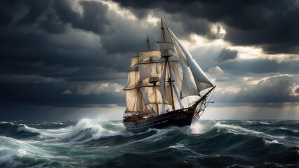 Obraz premium A sailboat with white sails navigates through rough ocean waves under a dark