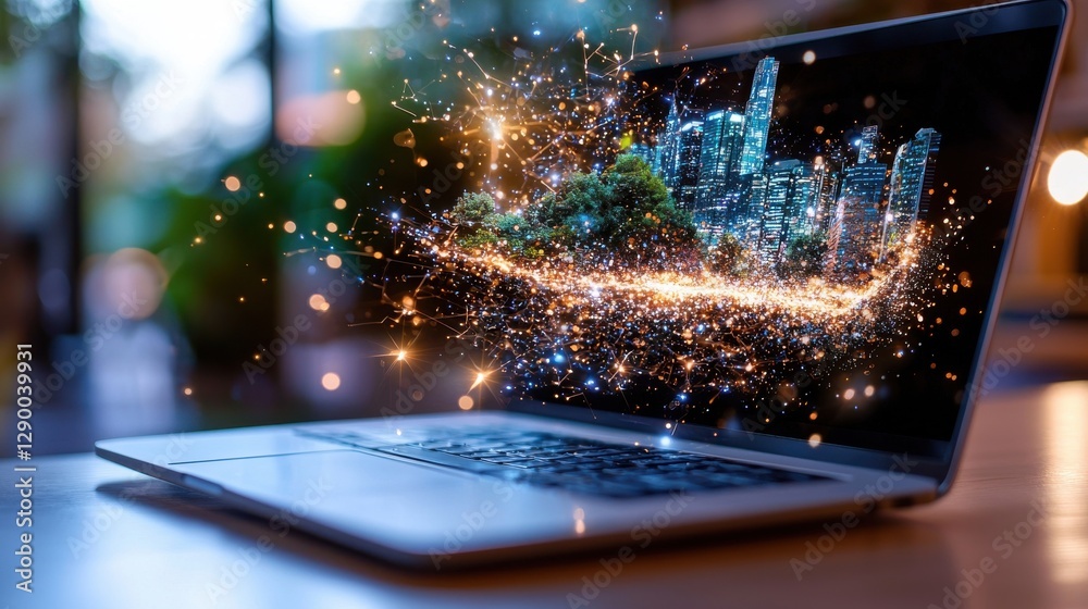 Poster laptop generating dynamic digital energy with sparkling light effects on a modern office desk settin