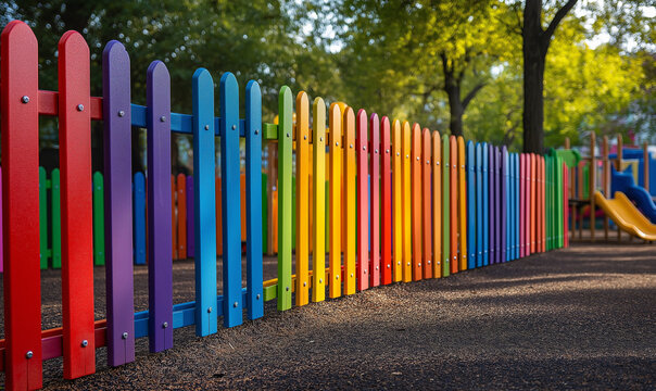 Vibrant rainbow-colored fence surrounding a playful urban playground, inspiring joyful creativity and lively outdoor fun