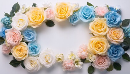 白とピンクと黄色と青色のバラの花のフレーム背景。背景は白色。コピースペースあり。aiで生成