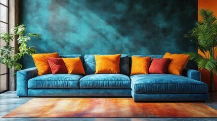 Teal Living Room Sectional with Orange Pillows
