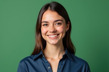 Fototapeta premium Confident Young Hispanic Woman with Long Hair and Natural Makeup Smiling Against a Bright Green Background in a Casual Blue Shirt