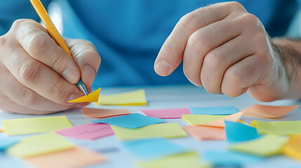 Close-up of Hands Writing on Colorful Sticky Notes in Bright Workspace