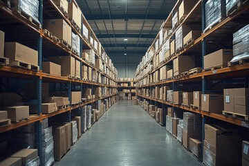 Vast Warehouse Aisle with Neatly Stacked Boxes and Shelves in Industrial Space