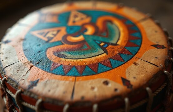 Close-up of Native American hand drum featuring intricate painted designs. Spiritual culture, amerindian heritage, traditional ceremony. Puckered surface with tribal pattern. Perfect for ethnic - Powered by Adobe